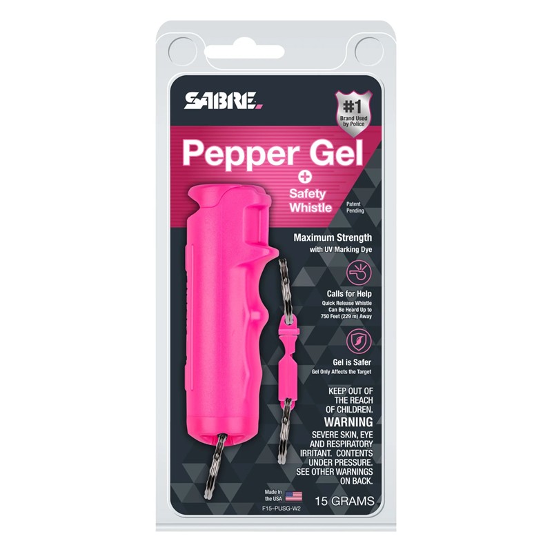 Sabre 2-in-1 Pepper GEL with Detachable Safety Whistle Keychain - Pink - Click for larger image Sabre 2-in-1 Pepper GEL with Detachable Safety Whistle Keychain - Pink