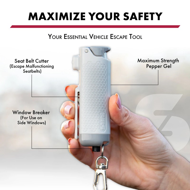 Sabre Safe Escape 3-in-1 Pepper Gel with Seat Belt Cutter and Window Breaker - Click for larger image Sabre Safe Escape 3-in-1 Pepper Gel with Seat Belt Cutter and Window Breaker