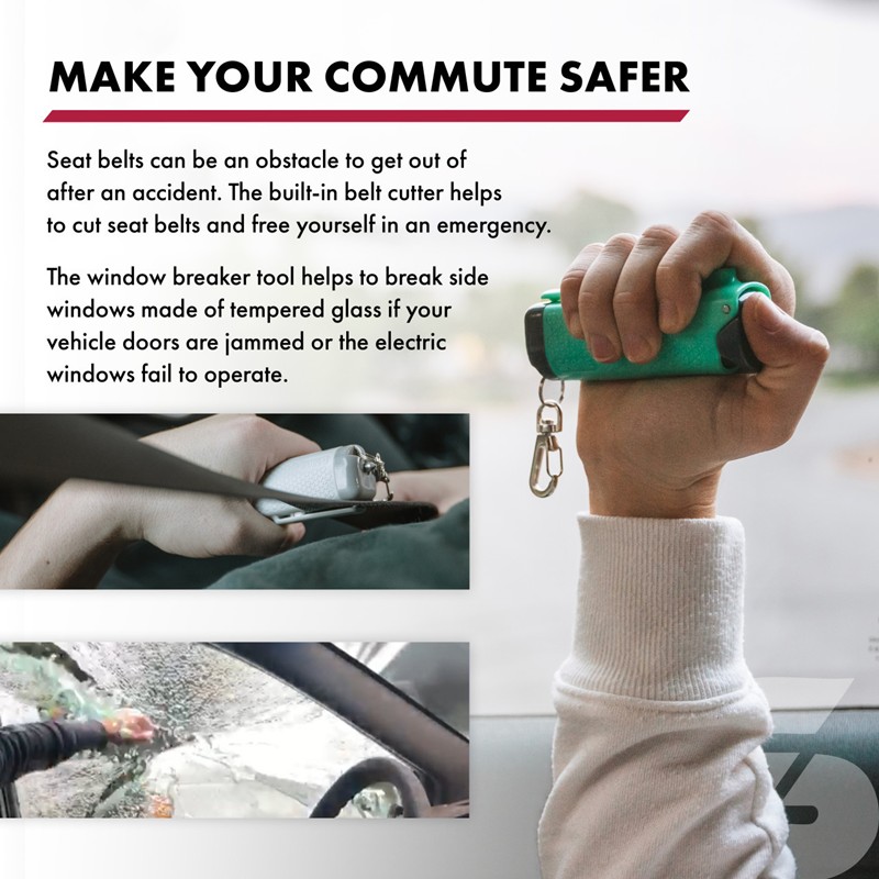 Sabre Safe Escape 3-in-1 Pepper Gel with Seat Belt Cutter and Window Breaker - Click for larger image Sabre Safe Escape 3-in-1 Pepper Gel with Seat Belt Cutter and Window Breaker